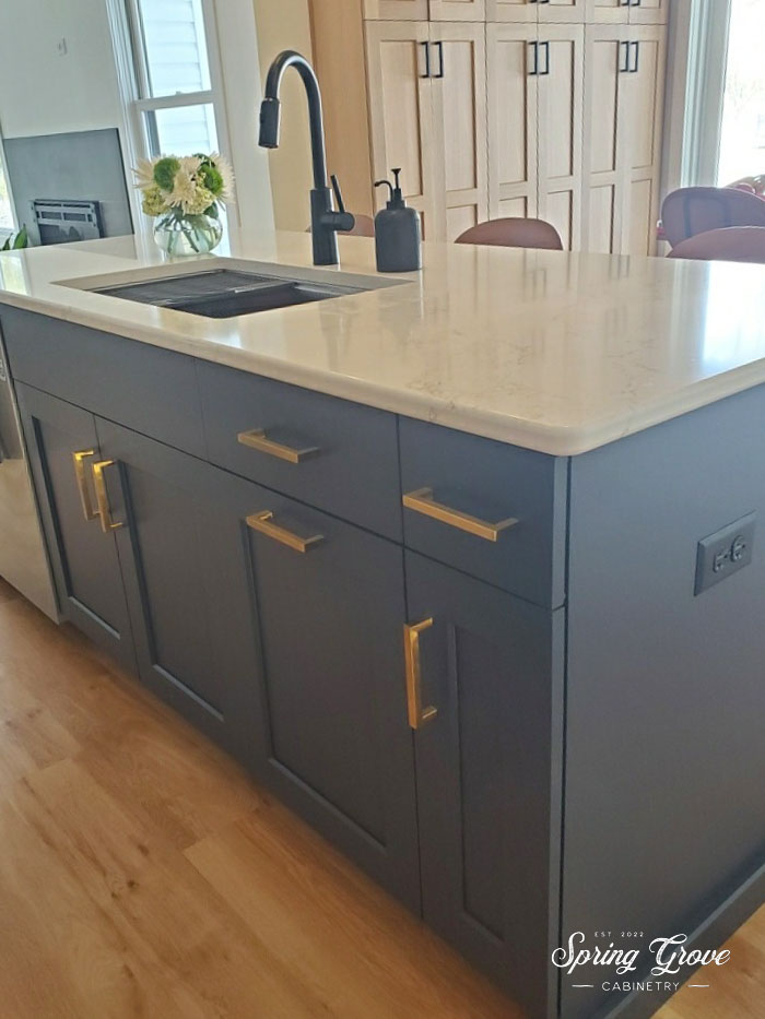 Atlantic blue island with honey bronze hardware.