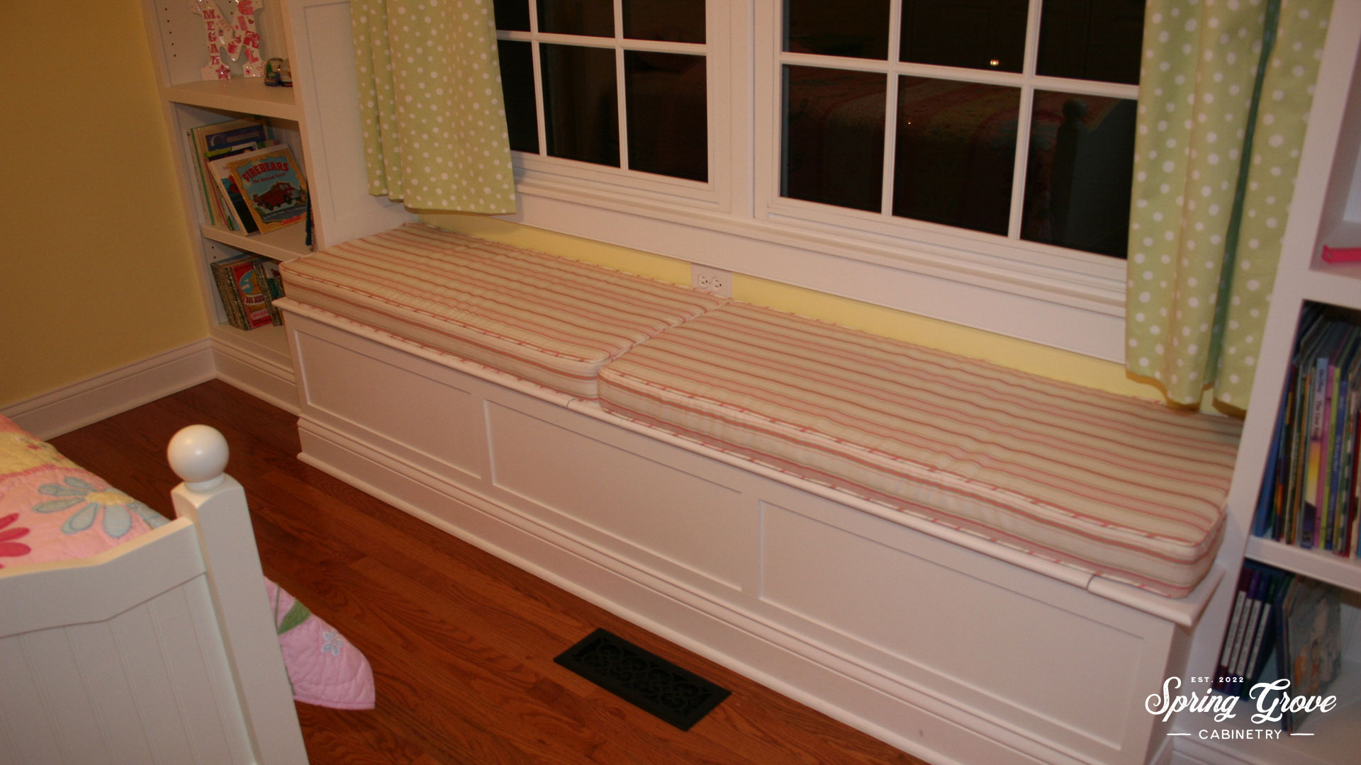 The finished window seat with custom cushions.