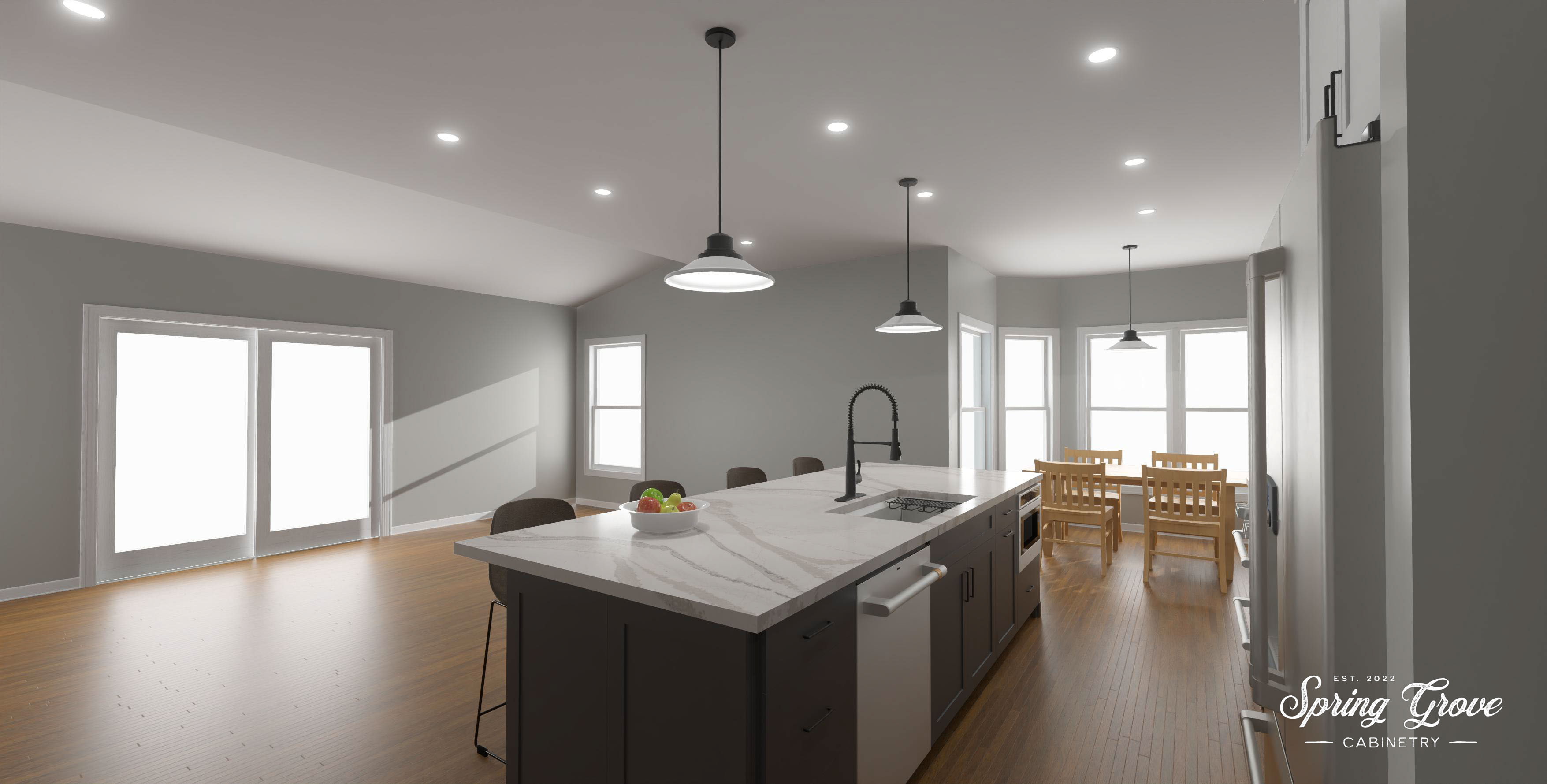 Rendering of the new kitchen. View of living room.